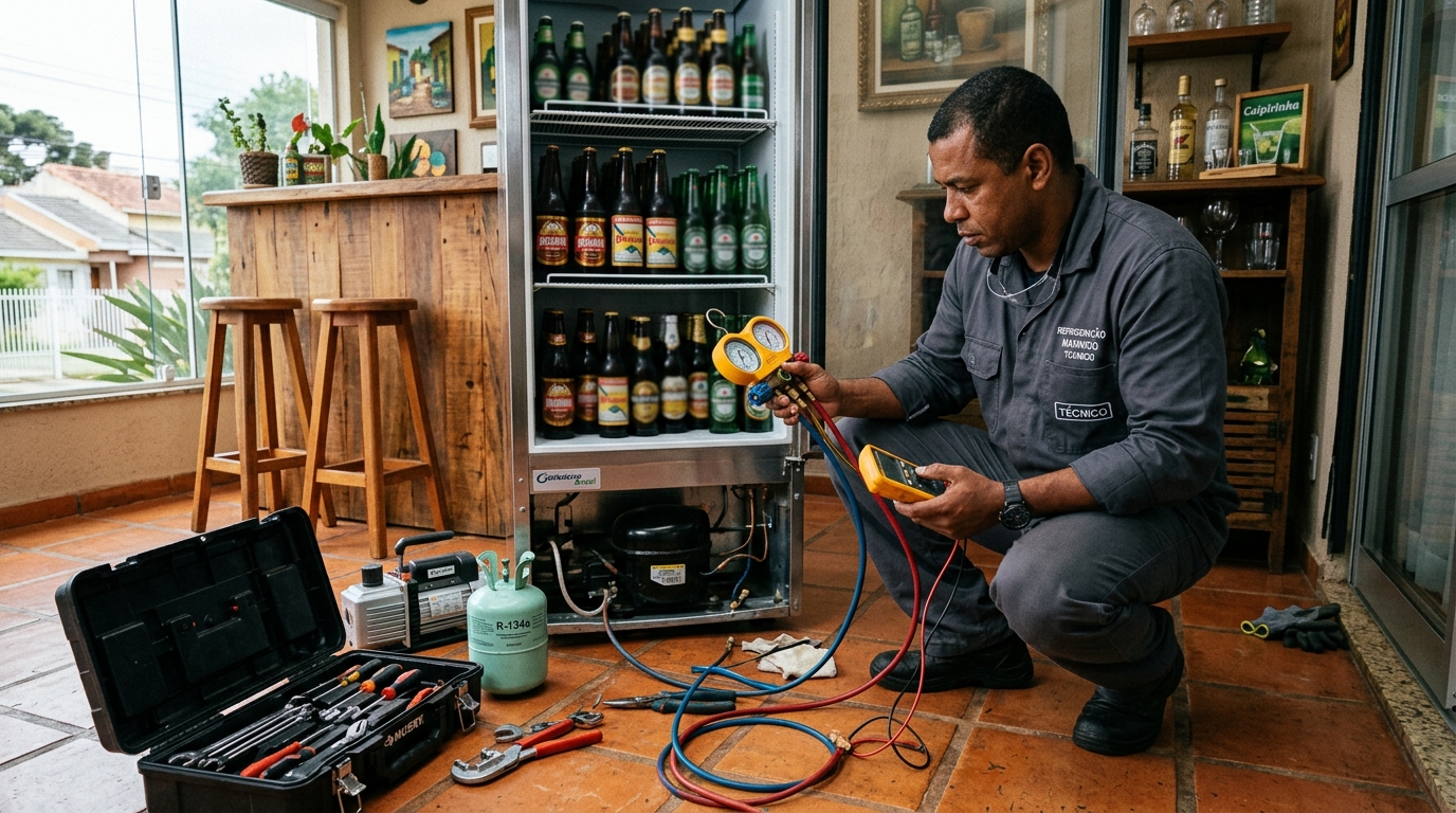 Profissional executando reparo no motor de cervejeira em Viamão‑RS